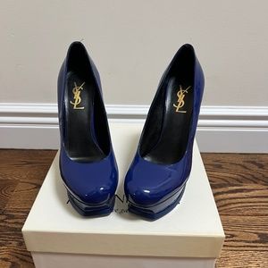 YSL Tribute Blue Patent Leather Pumps
